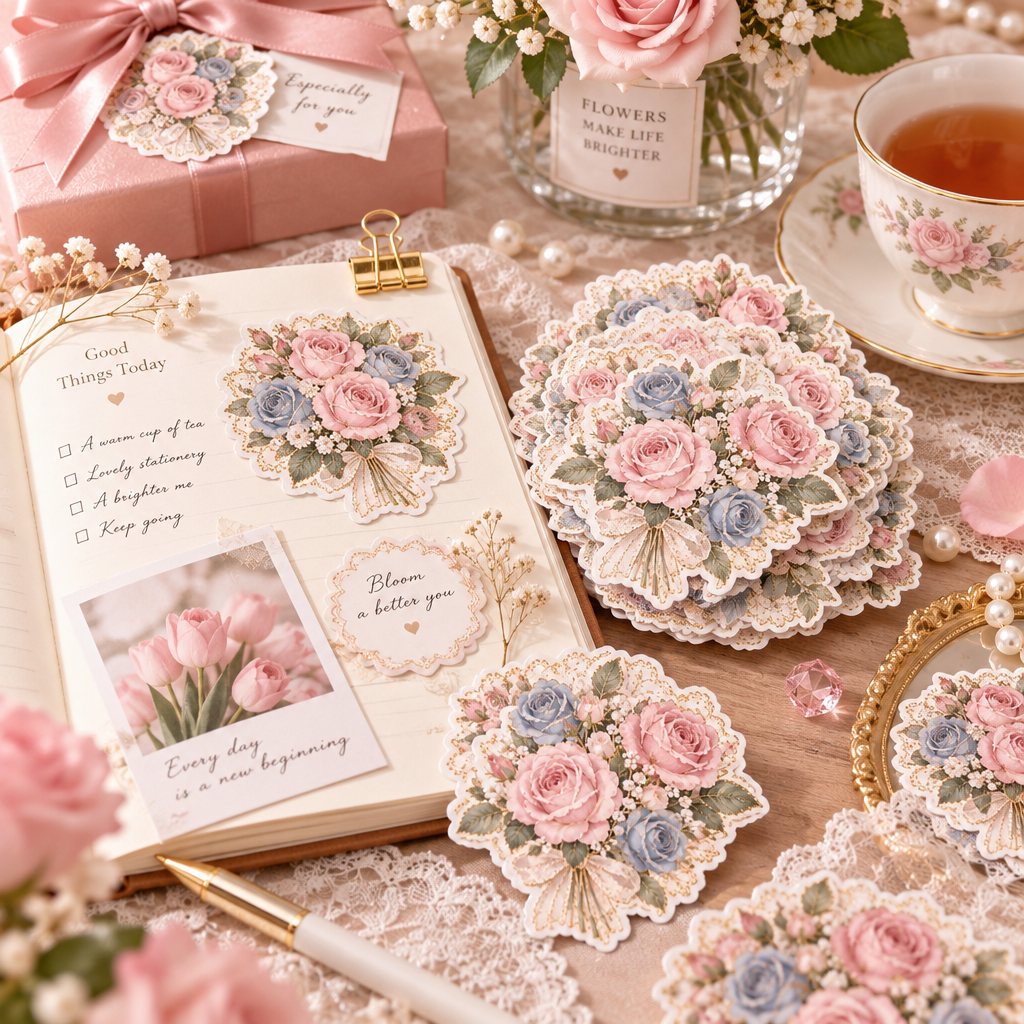 （3）Vintage Rose Bouquet Gold Foil Sticker Pack