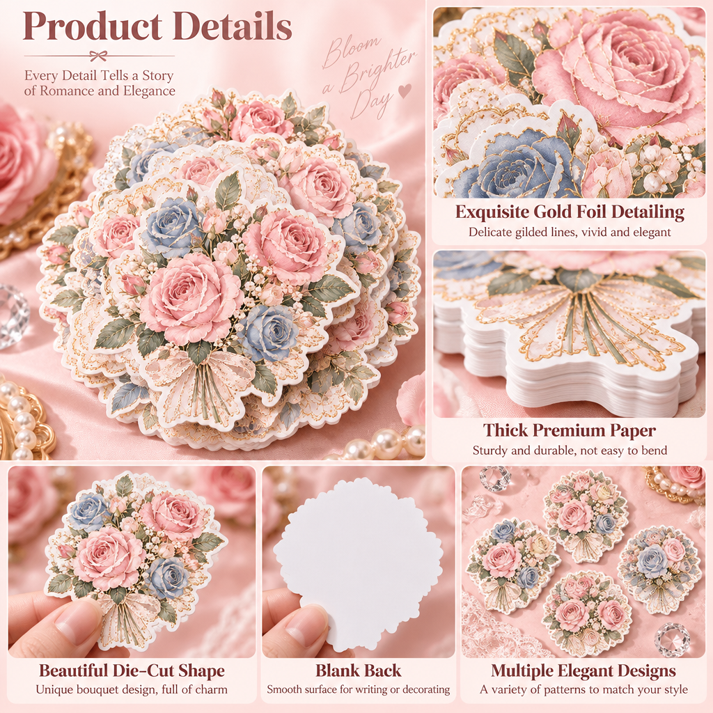 （3）Vintage Rose Bouquet Gold Foil Sticker Pack
