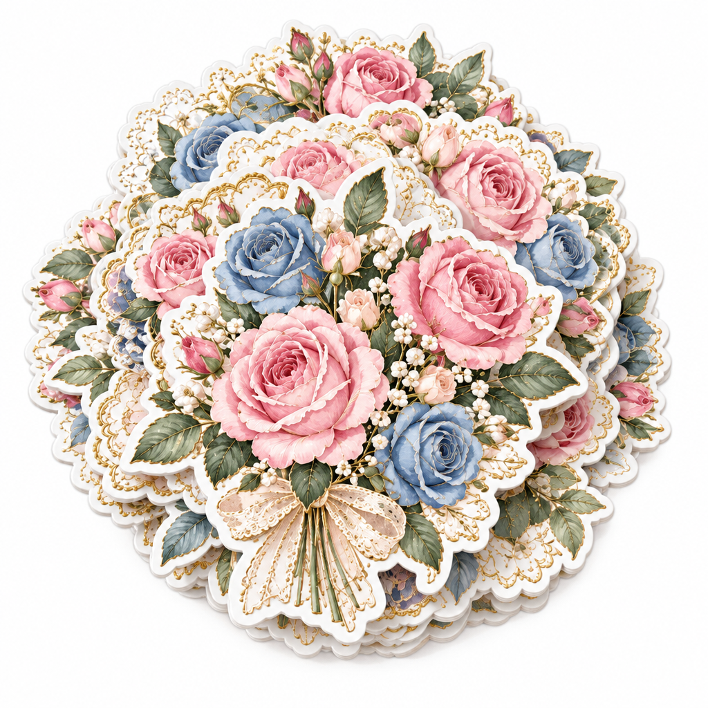 （3）Vintage Rose Bouquet Gold Foil Sticker Pack